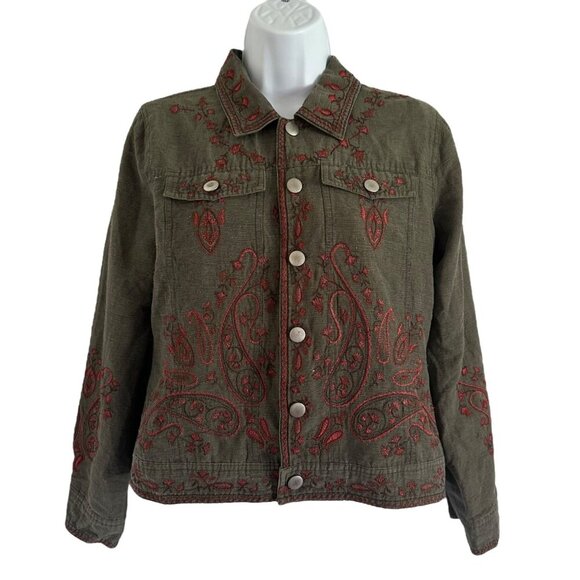 Willi Smith shirt shacket women's size S silk blend lined green, red embroidery - Picture 1 of 12